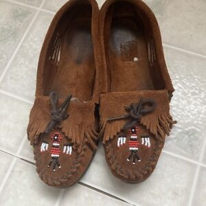 Minnetonka Womens Moccasins Beaded Thunderbird Suede Brown Leather Sz 7 Slip on